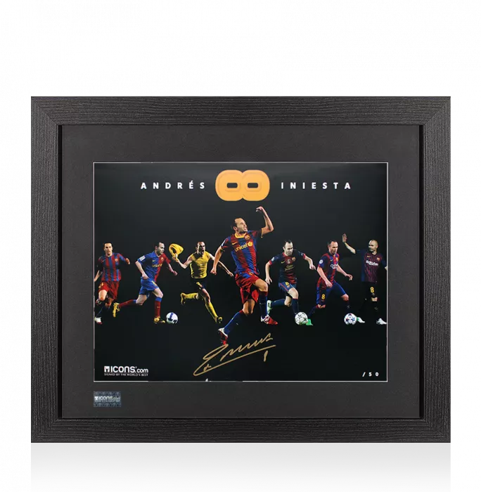 icons Andres Iniesta Signed FC Barcelona Montage Print In Black Wooden Frame