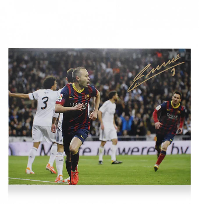 Icons Andres Iniesta Signed FC Barcelona Photo In Black Wooden Frame: Celebration Vs Real Madrid