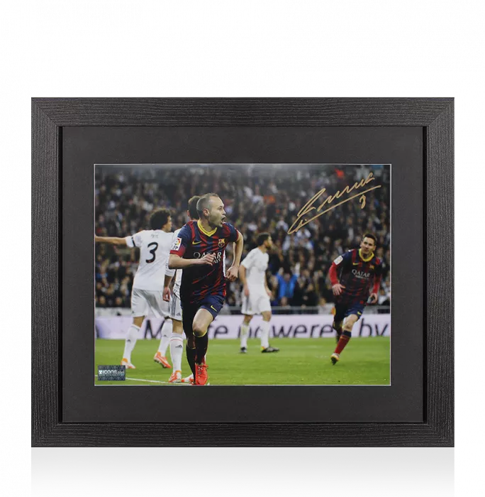 icons Andres Iniesta Signed FC Barcelona Photo In Black Wooden Frame: Celebration vs Real Madrid