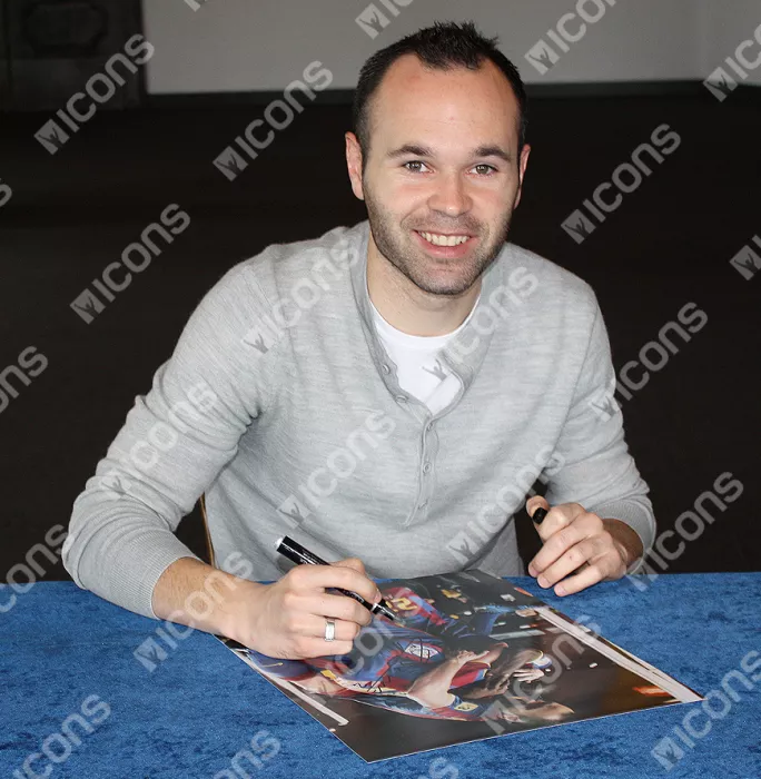 Icons Andres Iniesta Signed FC Barcelona Photo In Black Wooden Frame: Team Celebration