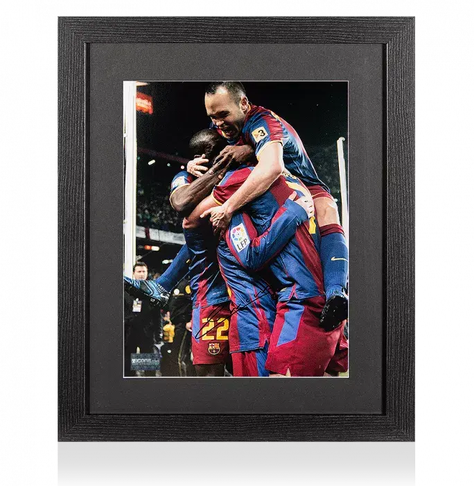Icons Andres Iniesta Signed FC Barcelona Photo In Black Wooden Frame: Team Celebration