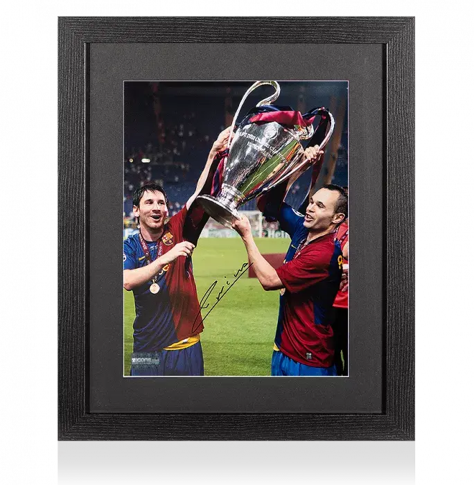 Icons Andres Iniesta Signed FC Barcelona Photo In Black Wooden Frame: 2009 UEFA Champions League Winner