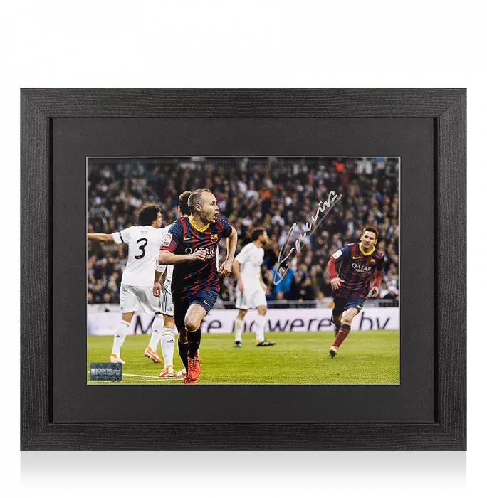 icons Andres Iniesta Signed FC Barcelona Photo In Black Wooden Frame: El Clasico Goal