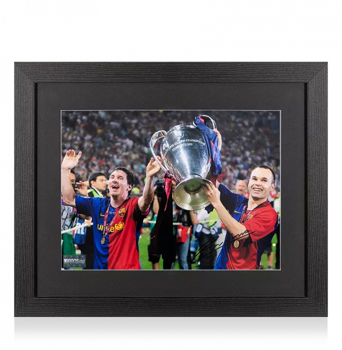 Icons Andres Iniesta Signed FC Barcelona Photo In Black Wooden Frame: 2009 UEFA Champions League Winner