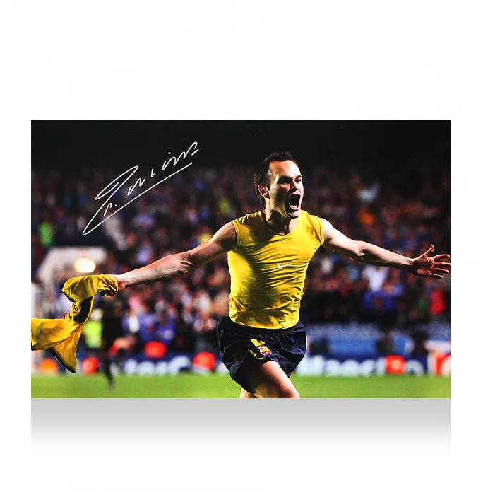 Icons Andres Iniesta Signed FC Barcelona Photo In Black Wooden Frame: 'Iniestazo' Goal Vs Chelsea