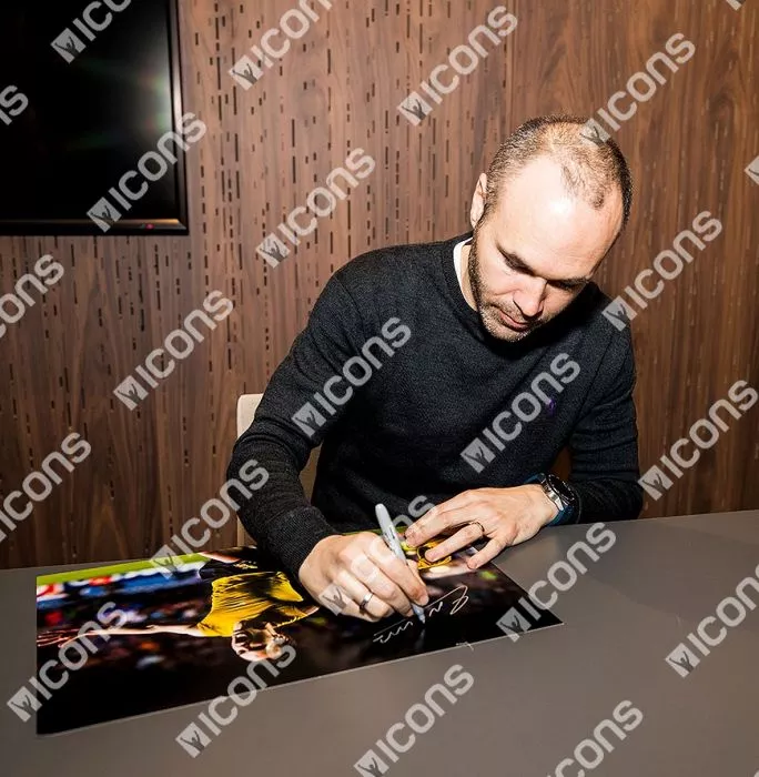 Icons Andres Iniesta Signed FC Barcelona Photo In Black Wooden Frame: 'Iniestazo' Goal Vs Chelsea
