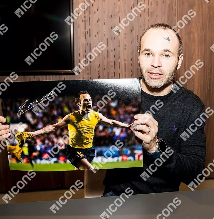 Icons Andres Iniesta Signed FC Barcelona Photo In Black Wooden Frame: 'Iniestazo' Goal Vs Chelsea