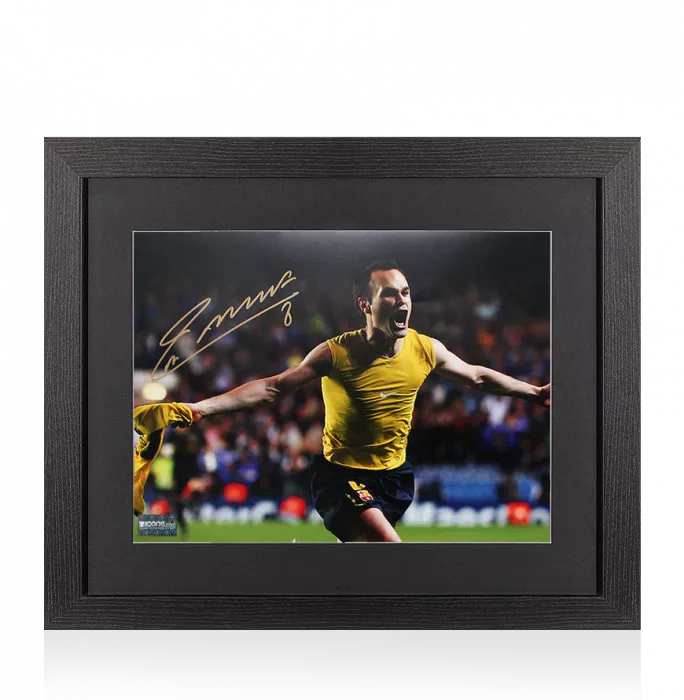 icons Andres Iniesta Signed FC Barcelona Photo In Black Wooden Frame: Shirt Off Celebration
