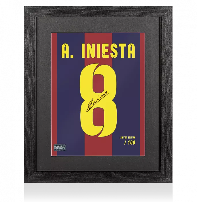 icons Andres Iniesta Signed FC Barcelona Shirt Print In Black Wooden Frame: Limited Edition 'Iniesta 8'
