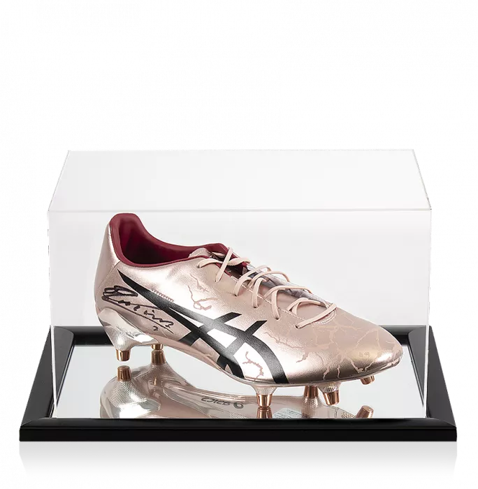 icons Andres Iniesta Signed Rose Asics Menace Boot In Acrylic Case