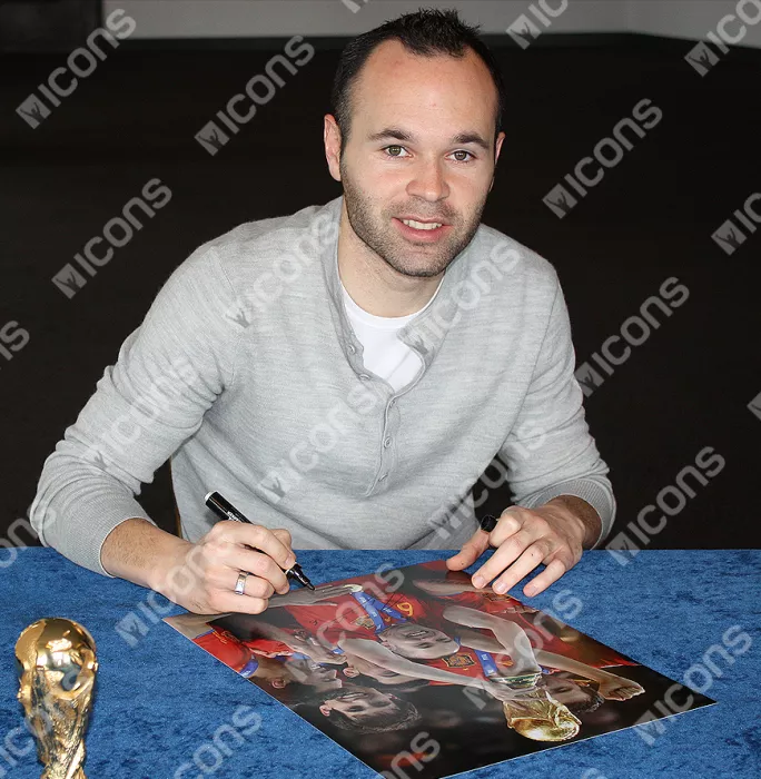 Icons Andres Iniesta Signed Spain Photo In Black Wooden Frame: 2010 FIFA World Cup Winner