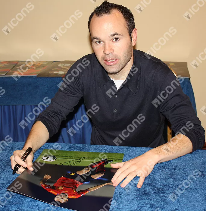 Icons Andres Iniesta Signed Spain Photo In Black Wooden Frame: On The Ball
