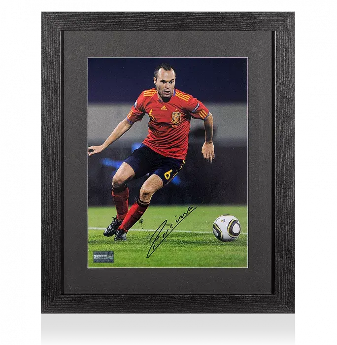 Icons Andres Iniesta Signed Spain Photo In Black Wooden Frame: On The Ball