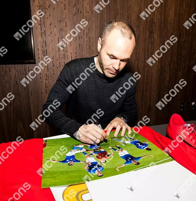 Icons Andres Iniesta Signed Spain Photo In Black Wooden Frame: Surrounded