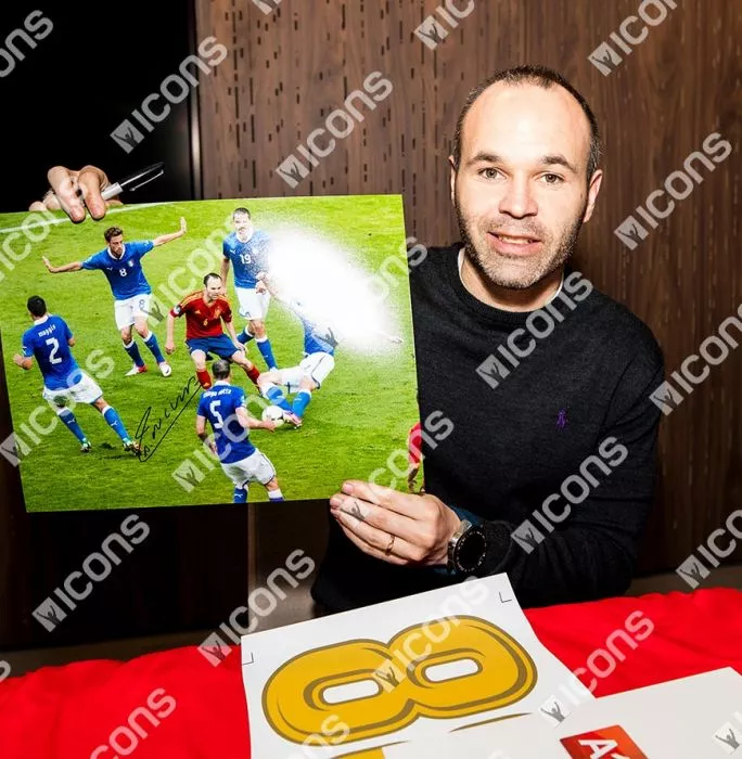 Icons Andres Iniesta Signed Spain Photo In Black Wooden Frame: Surrounded