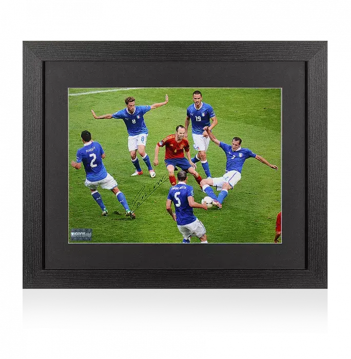 icons Andres Iniesta Signed Spain Photo In Black Wooden Frame: Surrounded