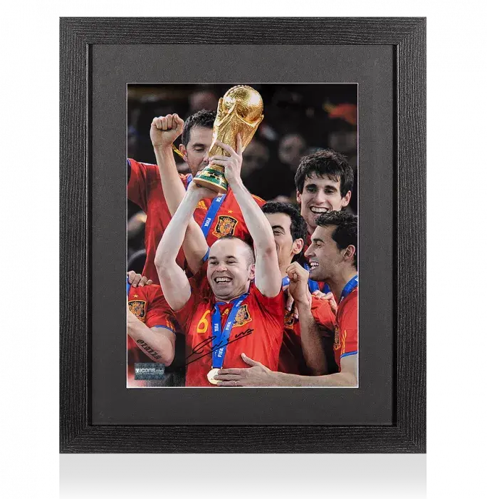 icons Andres Iniesta Signed Spain Photo In Black Wooden Frame: 2010 FIFA World Cup Winner