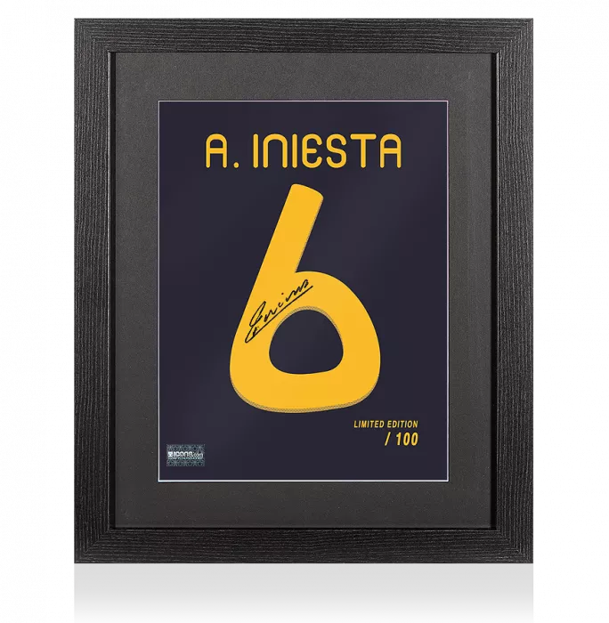icons Andres Iniesta Signed Spain Shirt Print In Black Wooden Frame: Limited Edition 2010 FIFA World Cup Winner