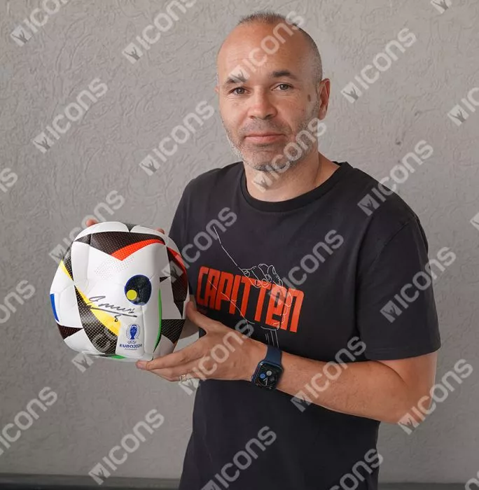 Icons Andres Iniesta Signed UEFA EURO 2024 Football In Acrylic Case