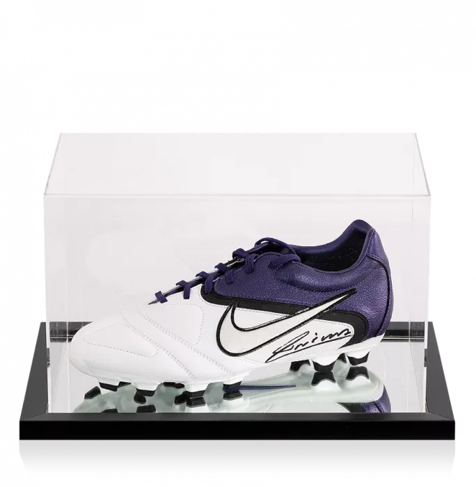 Icons Andres Iniesta Signed White And Purple Nike CTR 360 Boot In Acrylic Case