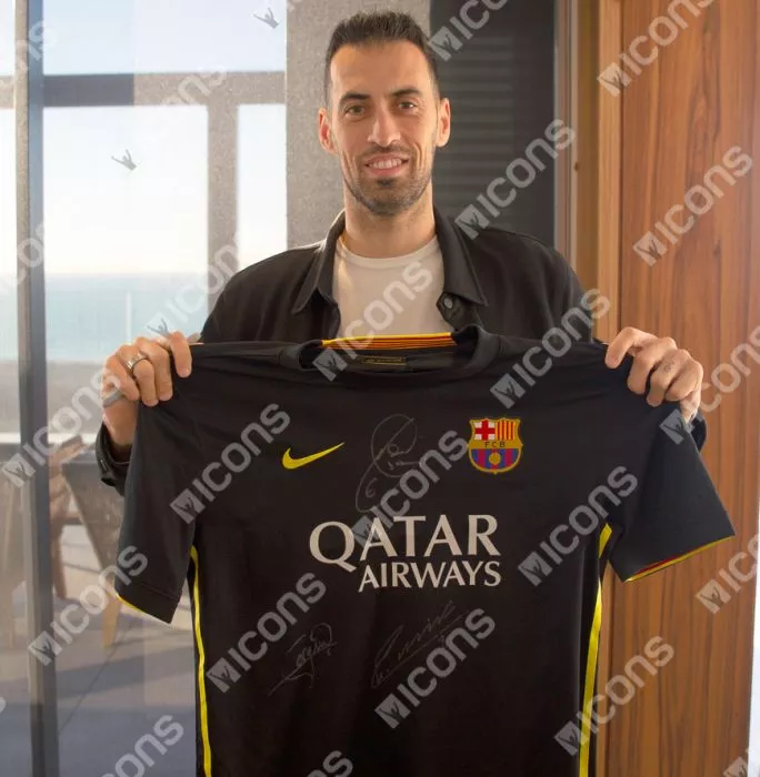 Icons Andres Iniesta Xavi And Sergio Busquets Official FC Barcelona Front Signed And Framed 2013-14 Away Shirt