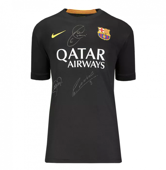 Icons Andres Iniesta Xavi And Sergio Busquets Official FC Barcelona Front Signed And Framed 2013-14 Away Shirt