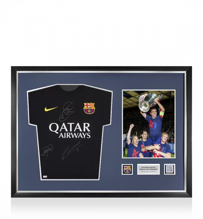 icons Andres Iniesta Xavi and Sergio Busquets Official FC Barcelona Front Signed and Framed 2013-14 Away Shirt