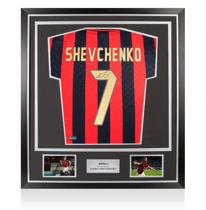 icons Andriy Shevchenko Back Signed AC Milan 1996 Home Shirt with Fan Style Numbers In Classic Frame