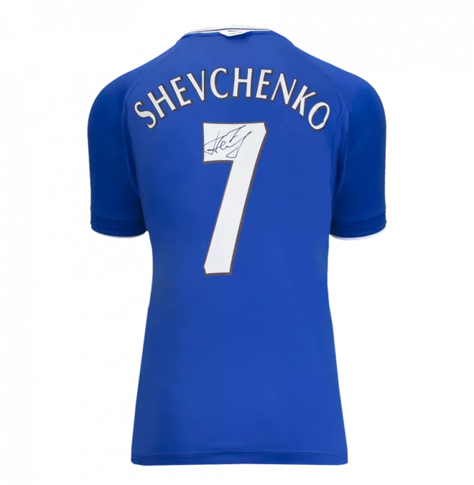 Icons Andriy Shevchenko Back Signed Retro Chelsea FC Home Shirt With Fan Style Numbers In Hero Frame: Option 1