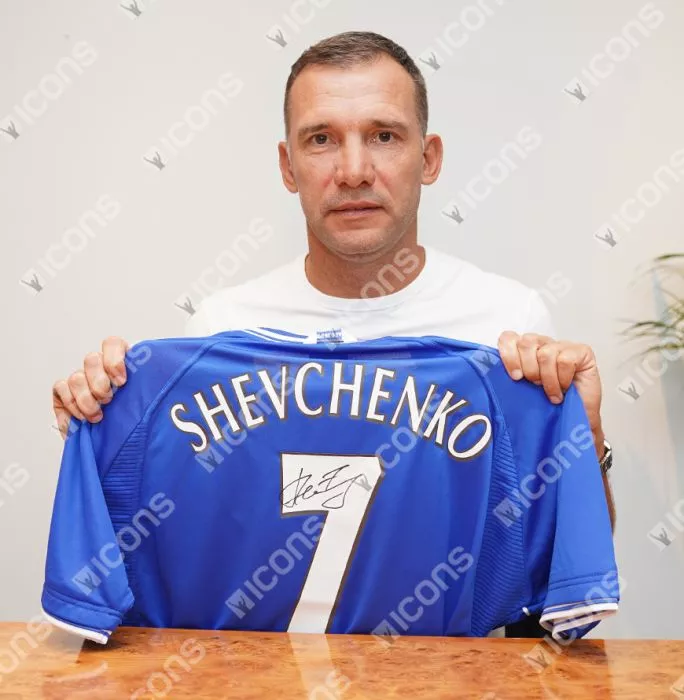 Icons Andriy Shevchenko Back Signed Retro Chelsea FC Home Shirt With Fan Style Numbers In Classic Frame