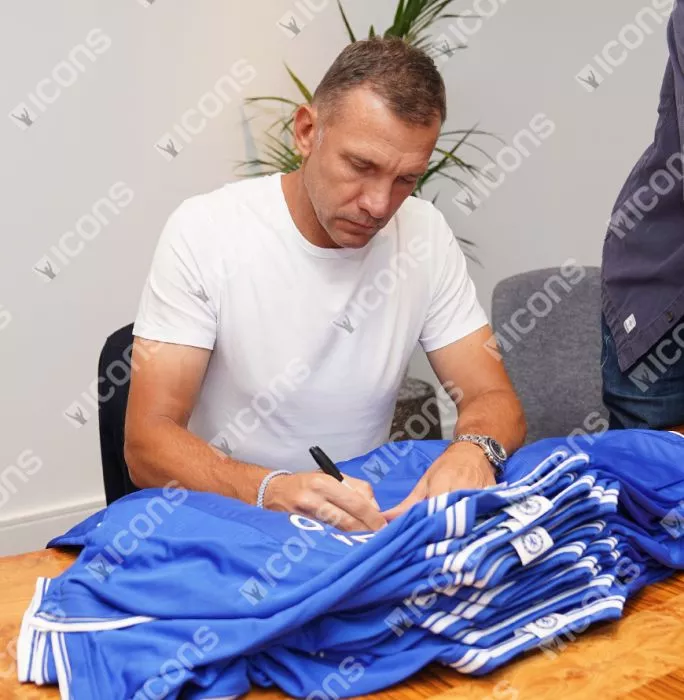 Icons Andriy Shevchenko Back Signed Retro Chelsea FC Home Shirt With Fan Style Numbers In Classic Frame