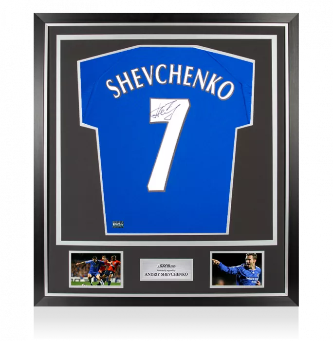 icons Andriy Shevchenko Back Signed Retro Chelsea FC Home Shirt with Fan Style Numbers In Classic Frame