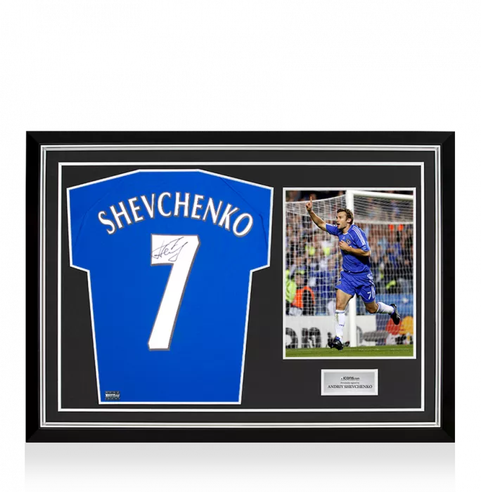 icons Andriy Shevchenko Back Signed Retro Chelsea FC Home Shirt with Fan Style Numbers In Hero Frame: Option 1
