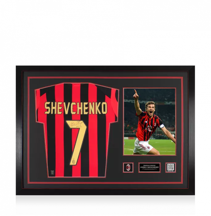 icons Andriy Shevchenko Official AC Milan Back Signed and Framed 2005-06 Home Shirt