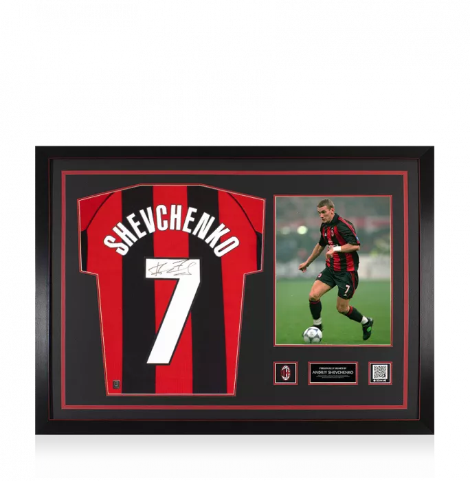 icons Andriy Shevchenko Official AC Milan Back Signed and Framed 1998-99 Home Shirt