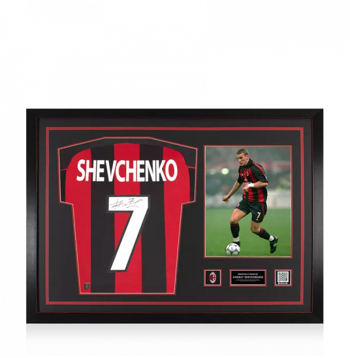 icons Andriy Shevchenko Official AC Milan Back Signed and Framed 2000-02 Home Shirt