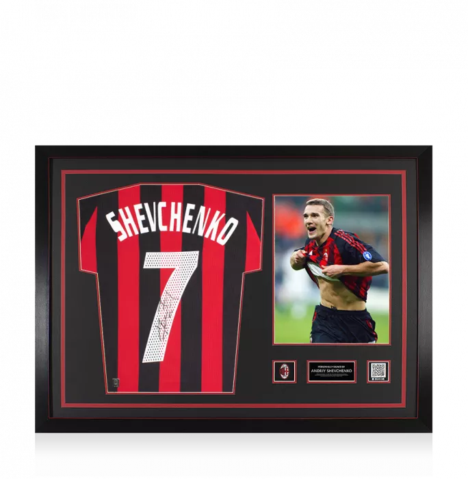 icons Andriy Shevchenko Official AC Milan Back Signed and Framed 2002-03 Home Shirt