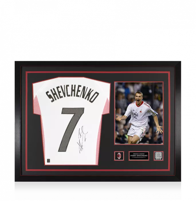 icons Andriy Shevchenko Official AC Milan Back Signed and Framed 2002-03 Away Shirt: "For Peace" Special Edition