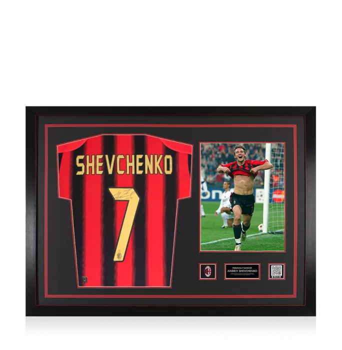 icons Andriy Shevchenko Official AC Milan Back Signed and Framed 2004-05 Home Shirt