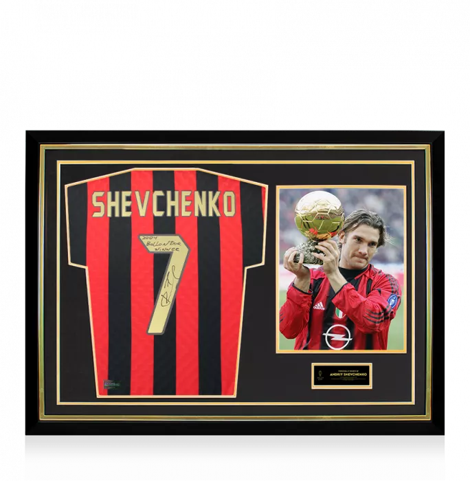 icons Andriy Shevchenko Official Ballon d'Or™ Signed and Hero Framed AC Milan Retro Home Shirt: 2004 Winner Inscription