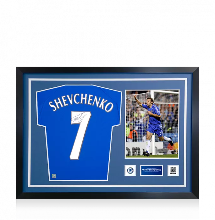 icons Andriy Shevchenko Official Chelsea FC Signed and Framed Retro Home Shirt with Fan Style Numbers