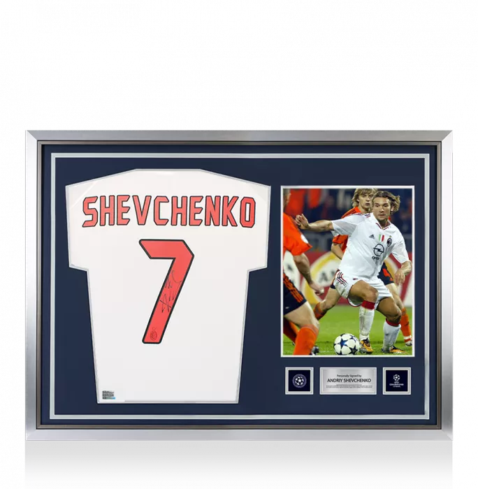 icons Andriy Shevchenko Official UEFA Champions League Back Signed and Hero Framed AC Milan 2004-05 Away Shirt