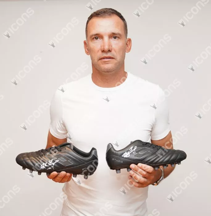 Icons Andriy Shevchenko Signed Black Lotto Stadio III Boot In Acrylic Case
