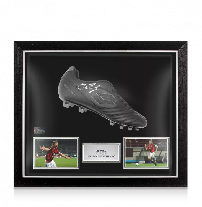 icons Andriy Shevchenko Signed Black Lotto Stadio III Boot In Bubble Frame: Option 1