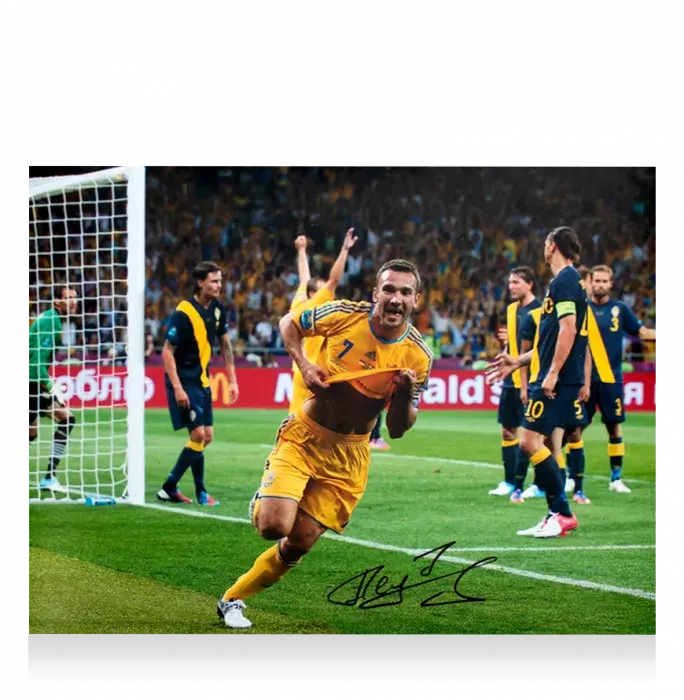 Icons Andriy Shevchenko Signed Ukraine Photo In Black Wooden Frame: UEFA EURO 2012 Goal Vs Sweden