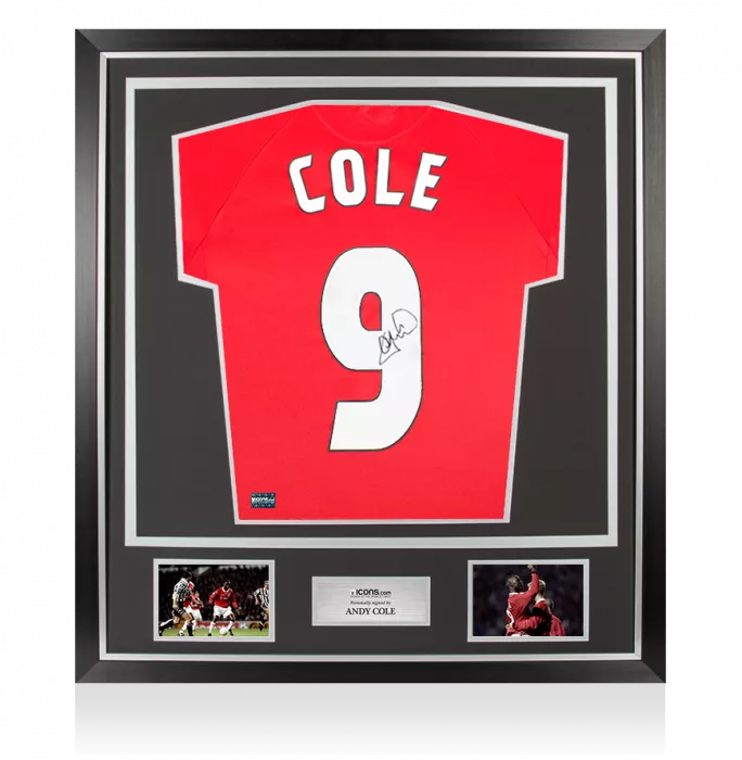 icons Andy Cole Back Signed Manchester United 1999 Home Shirt With UEFA Champions League Fan Style Numbers In Classic Frame