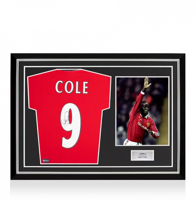 icons Andy Cole Back Signed Manchester United 1999 Home Shirt With Premier League Fan Style Numbers In Hero Frame: Option 1