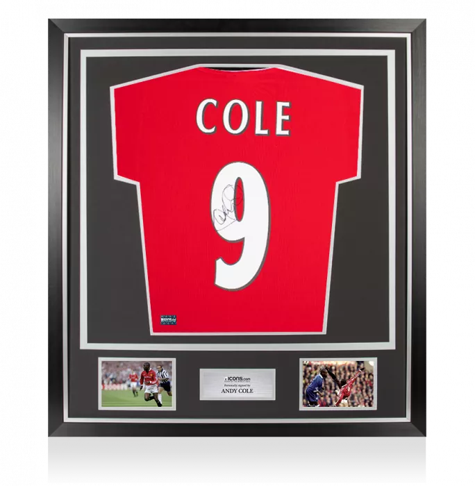 icons Andy Cole Back Signed Manchester United 1999 Home Shirt With Premier League Fan Style Numbers In Classic Frame