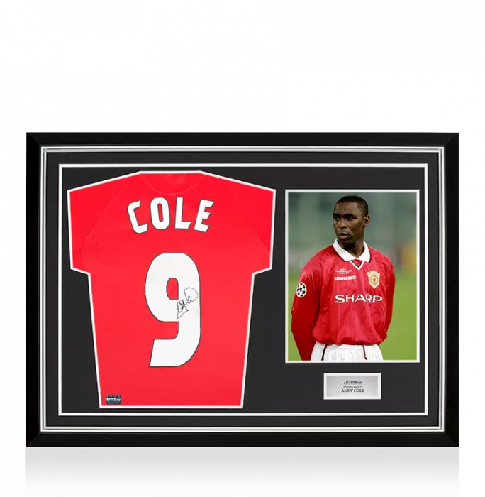 icons Andy Cole Back Signed Manchester United 1999 Home Shirt With UEFA Champions League Fan Style Numbers In Hero Frame: Option 1