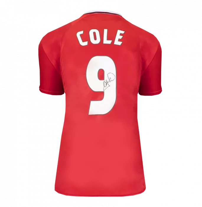 Icons Andy Cole Back Signed Manchester United 1999 UEFA Champions League Home Shirt In Commentary Chart Frame